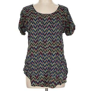 PIXLEY STITCH FIX Dotted Chevron Tunic Blue Pink Multi Short Sleeve Boho Blouse